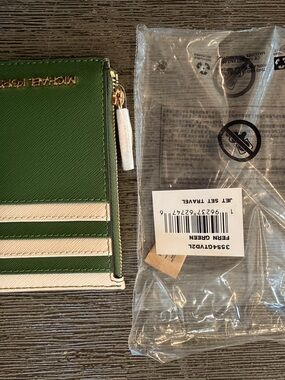 Michael Kors Green and Cream Striped Zip Card Wallet